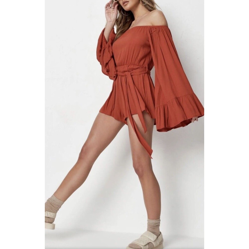 MISSGUIDED Women Size 10 Bardot Flare Long Sleeve Romper In Rust Boho Romantic